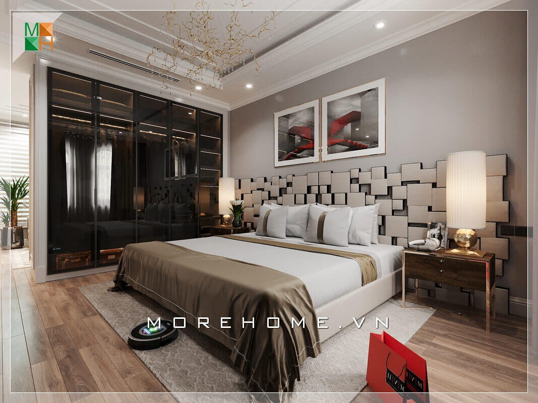 Xen lẫn giữa căn phòng ngủ hiện đại là chiếc tủ quần áo âm tường cánh kính màu đen sang trọng, hiện đại.