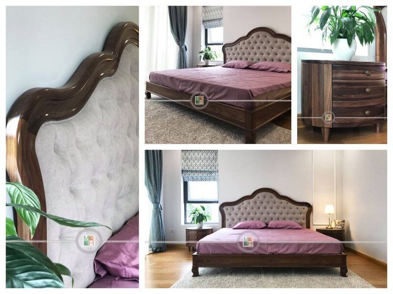 Biến hóa không gian nội thất phòng ngủ biệt thự đẹp hơn với mẫu giường ngủ gỗ óc chó phong cách tân cổ điển tinh tế