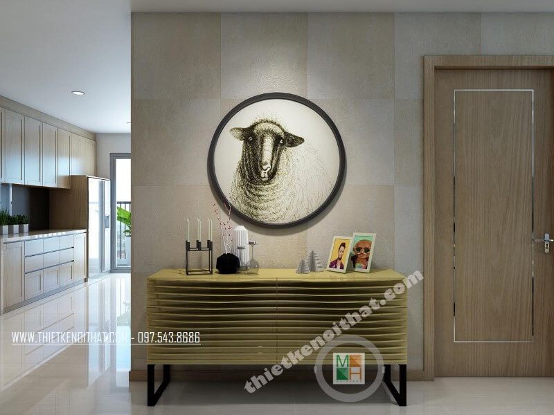 Mẫu bàn trang trí độc đáo kết hợp bức tranh trang trí sáng tạo giúp không gian căn phòng thêm sinh động, nổi bật hơn.